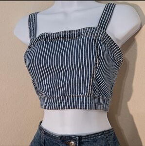 White Striped Cropped Denim Top.